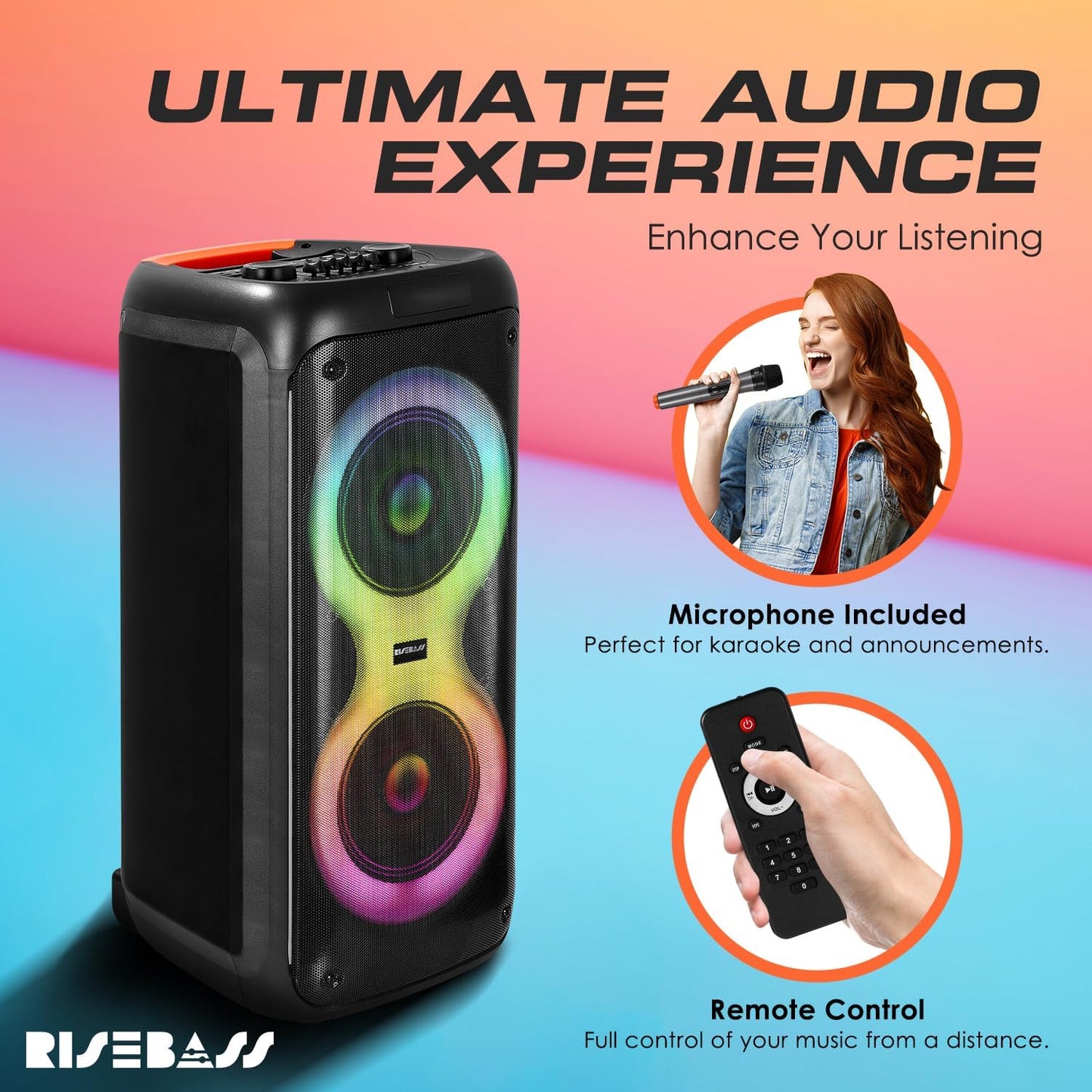 Portable Karaoke Machine with 2 Wireless Mics, Daul 8" Speakers, LED Lights, PA System, Remote, Bass/Treble Adjustment, SD Card/USB, REC Rolling Wheels and Trolley, Auto ducking Function.-1