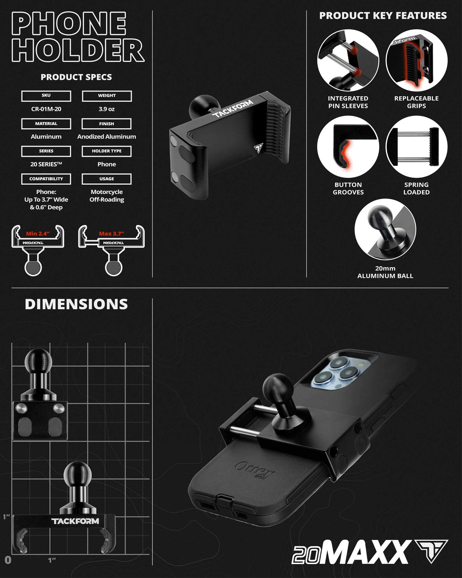 BLACK 20MAXX HIGH SPRING TENSION MOTORCYCLE CRADLE / PHONE HOLDER FOR ANDROID-1